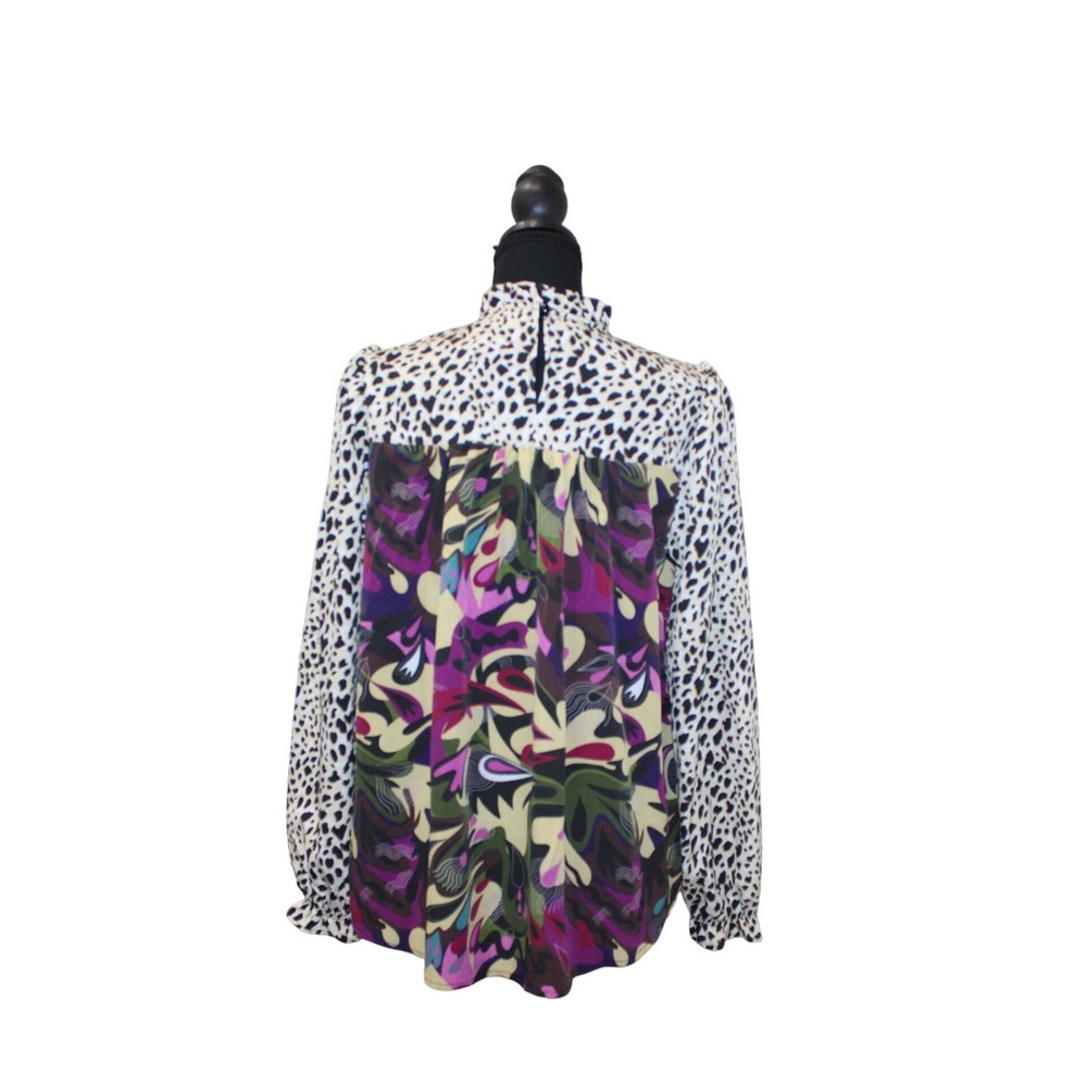 Bold Mixed Print Blouse Chic Floral & Leopard Statement Top Trendy Fit XS Ruffle - Picture 3 of 3